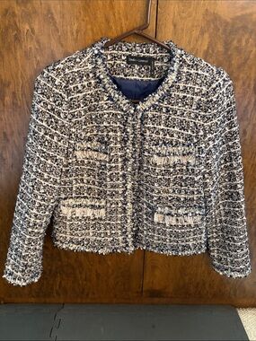 Stella + Lorenzo Navy and White Tweed Fringe Cropped Jacket